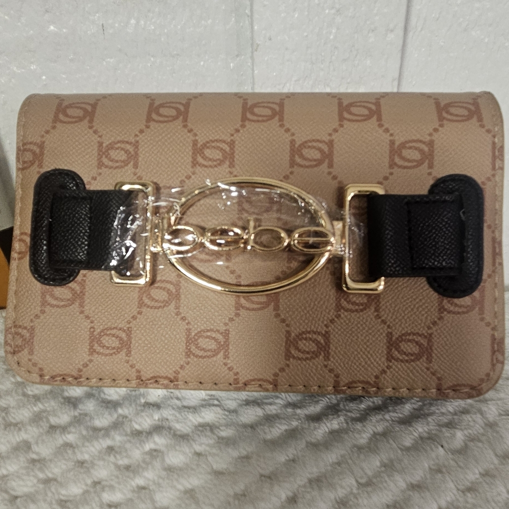 Bebe Beige and Black Clutch with Gold Logo